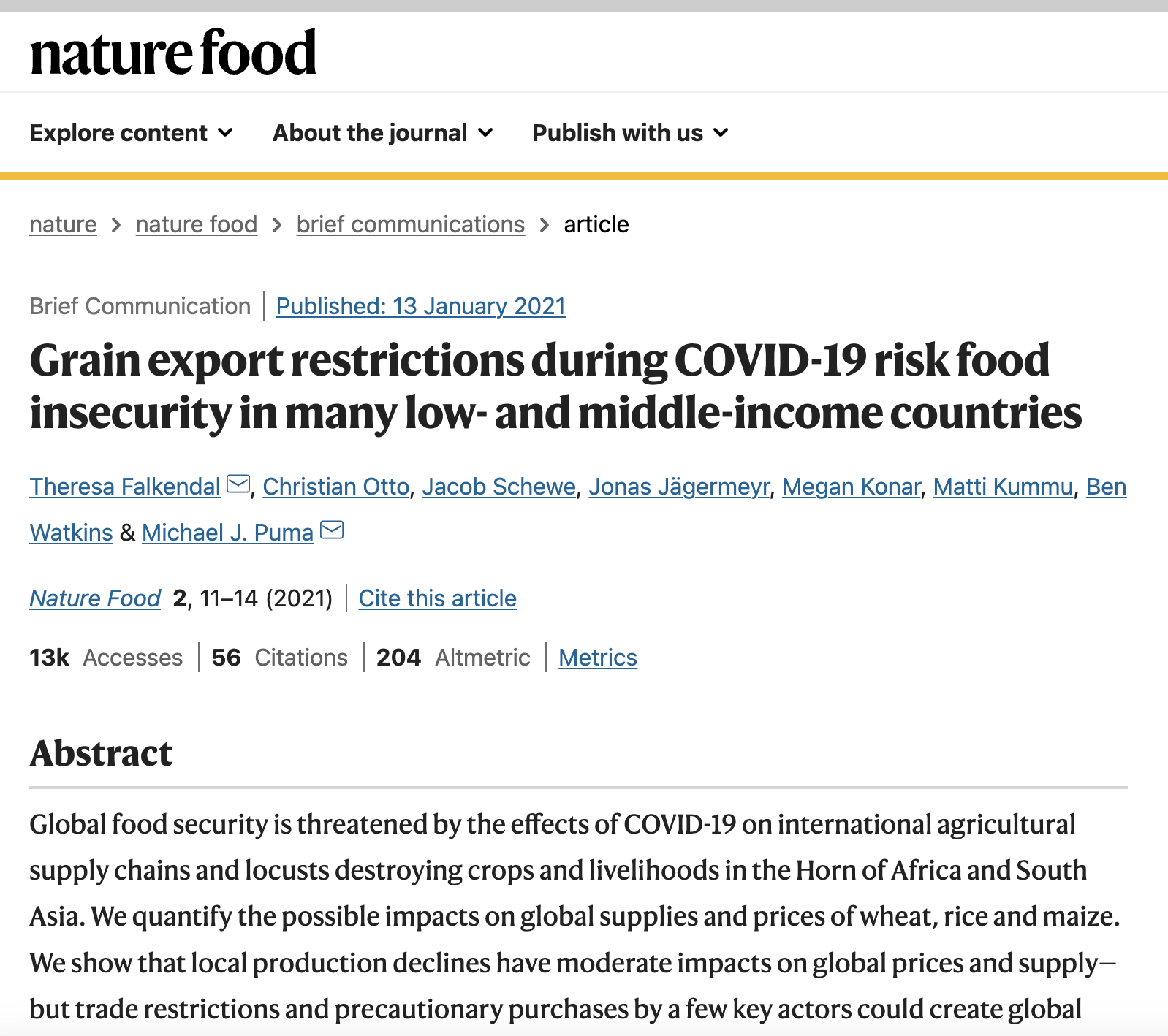 WP3 Agriculture and food production- Grain export restrictions during COVID-19 risk food insecurity in many low- and middle-income countries WP3 Agriculture and food production- Grain export restrictions during COVID-19 risk food insecurity in many low- and middle-income countries